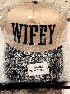 Wifey Embroidered Adjustable Beige Hat with Black Paisley Brim